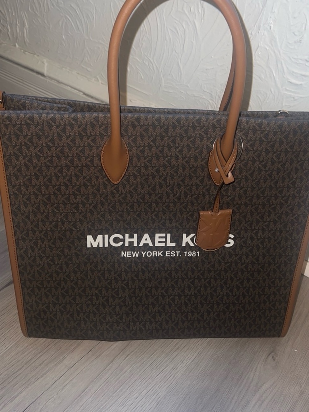 Michael Kors Brown MK Logo Tote with Tan Leather Trim. Never used.. BRAND NEW